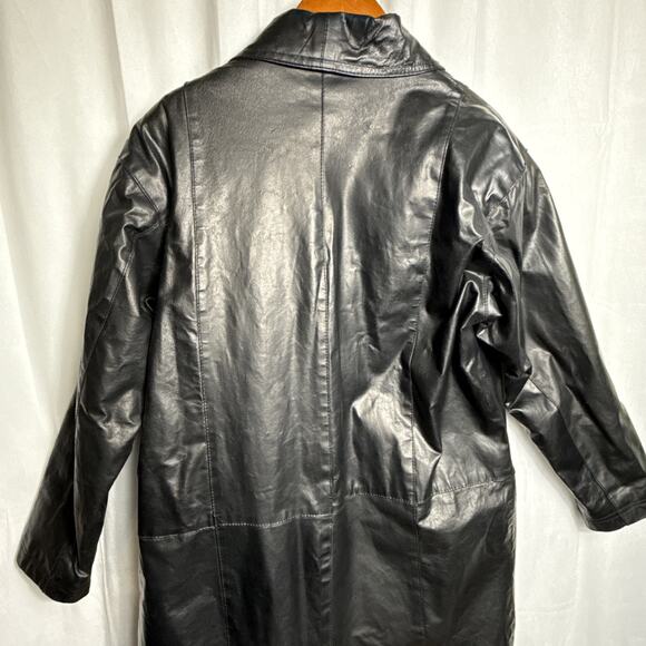 Vintage Long Black Leather Coat Women's Size L Double Breasted Patchwork Style - Picture 7 of 11
